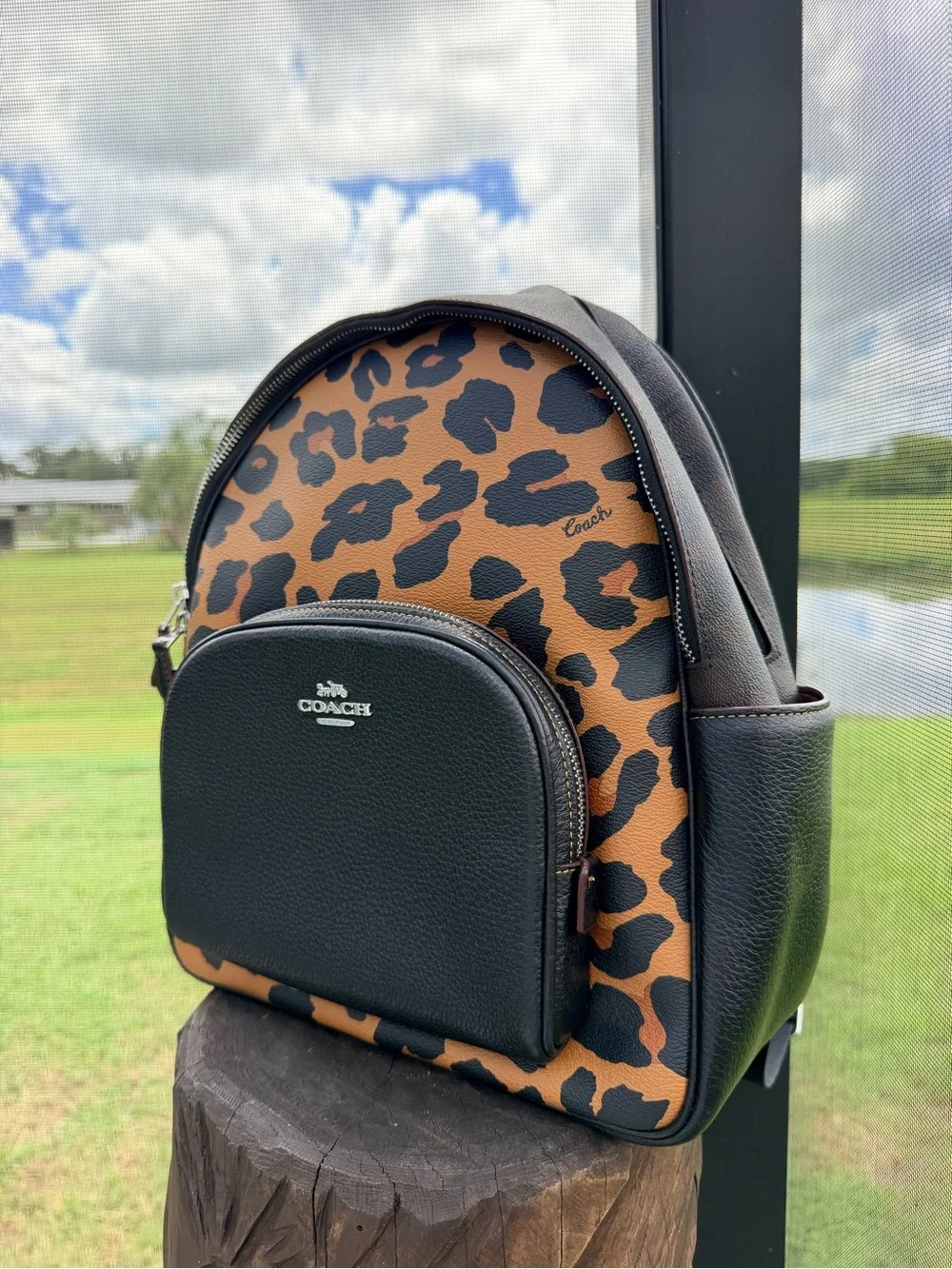 Coach Leopard Print Backpack Black Pebbled Leather Animal Print Rare